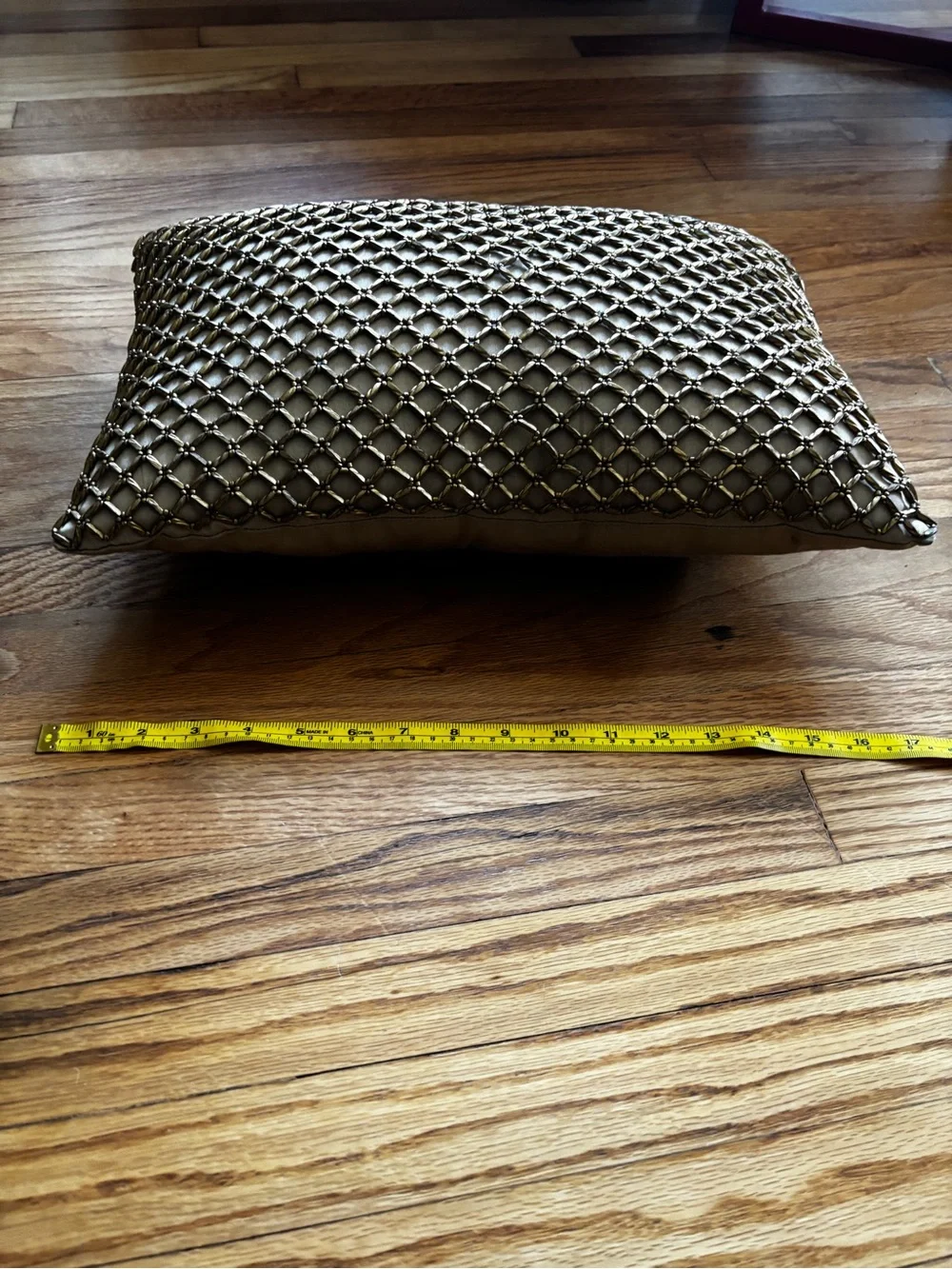 Decorative Beige Pillow with Gold Metallic beaded Net Accent